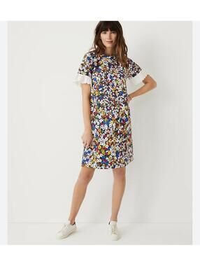 Ann Taylor 100% Cotton Floral Eyelet Ruffle Sleeves Shift Dress Size Small